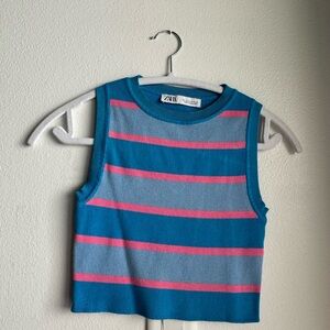 pink and blue striped Zara vest